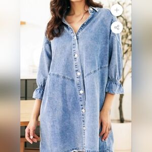 Izuria Denim Jean Shirt Dress Distressed Ruffle 3/4 Sleeves Button Front XL NICE